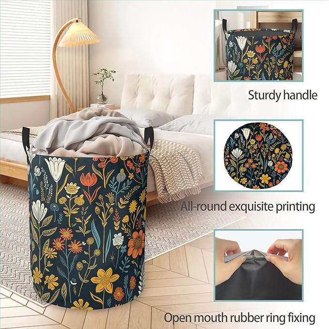 Wildflowers Laundry Basket With Handles Tote Bag Oxford Cloth Funny Laundry Hamper Clothes Storage Bucket Toy Organizer 16" X 20.8"For Bathroom/Laundry/Bedroom