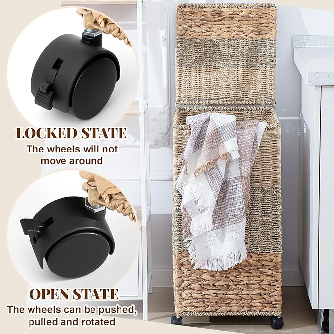 Cinnvoice 65 L Rolling Wicker Laundry Basket with Wheels Laundry Hamper with Lid Decorative Woven Hamper with Washable Removable Liner Bags and Handles for Clothes Natural Water Hyacinth, 1 Section