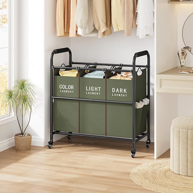 Tajsoon 3 Bag Laundry Sorter Cart, Laundry Hamper Sorter Basket with Heavy Duty Lockable Rolling Wheels for Clothes Storage, Green