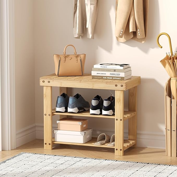 Sweetcrispy Shoe Rack Bench, 3-Tier Bamboo Entryway Storage Organizer, 286lb Capacity, Shoes Stand for FrontDoor Entrance, Bedroom, Living Room, Bathroom, Balcony, 19 Inches Length, Wood