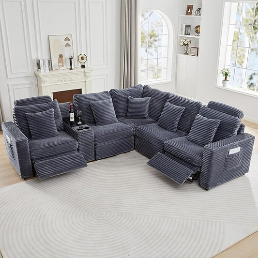 LEVNARY 5-Seat L Shaped Modular Sectional Sofa with Power Recliners, Faux Rabbit Fur Upholstery, Storage Console with Charging Ports & Cup Holders, Living Room Couch Set for Home Office (Gray)