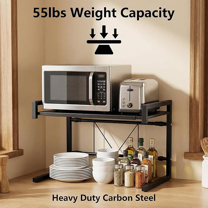 PUSDON Adjustable Carbon Steel Microwave Oven Rack, 2-Tier with 3 Hooks, 55lbs Weight Capacity, Black