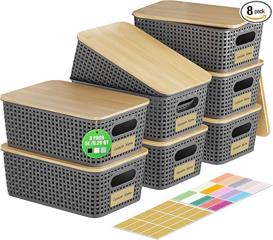 8 PCS Plastic Storage Bins with Bamboo Lid, Stackable Storage Bins with Lids & Labels for Organizing, Storage Bins for shelves, Office, Drawer, Cabinet & Pantry,Nursery Organization,10.2x7.2x4 .1In
