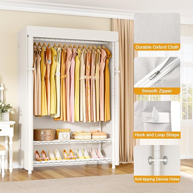 ULIFHOME H5C Plus Clothes Rack with Cover, Portable Closet for Hanging Clothes, Covered Clothing Racks Heavy Duty, 3-Tiers Garment Rack with Shelves Max Load 370LBS White Closet Rack with White Cover