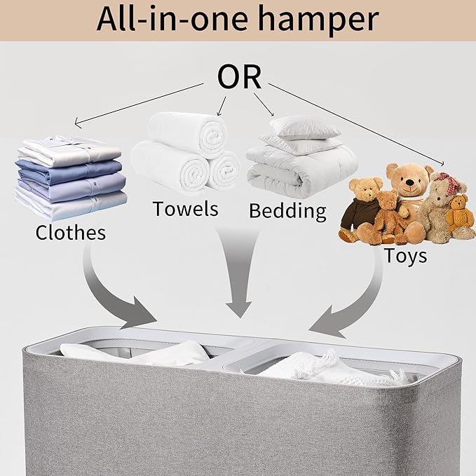Laundry Hamper with Lid and Removable Laundry Bags, Large 2 Dividers Dirty Clothes Basket for Bedroom, Laundry Room, Bathroom