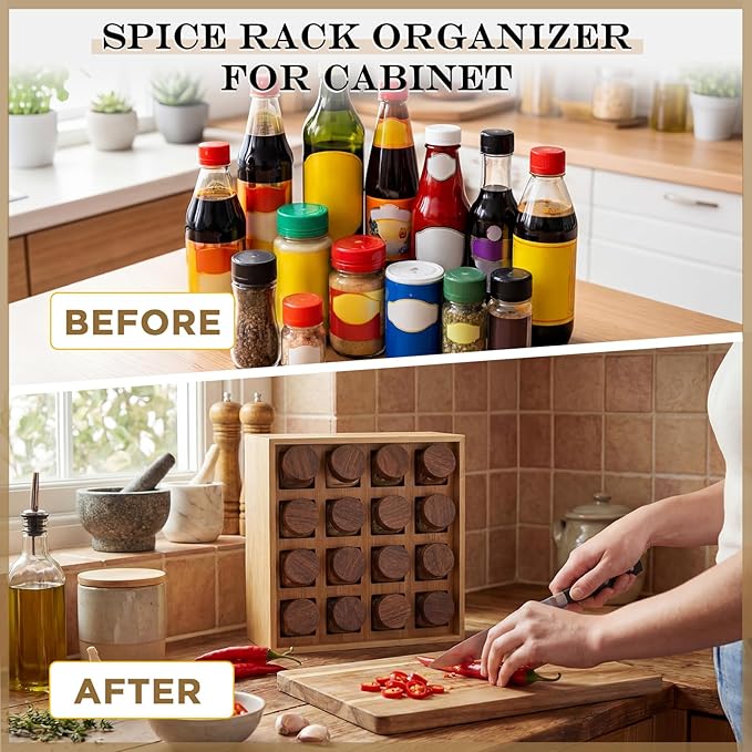 Novabright 16 Grids Bamboo Spice Rack Organizer, Wooden Spice Rack Wall Mount with Square Compartments, Wood Hanging Shelf for 4 oz Glass Jar Drawer Cabinet Kitchen Countertop Wall