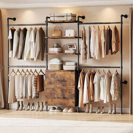 ONBRILL T2 Wall Mounted Industrial Pipe Clothing Rack, Closet Organizers and Storage System with 2 Drawers, 6 Wooden Shelves & 4 Expandable Rods, Heavy Duty Garment Rack, Wardrobe (Rustic Brown)