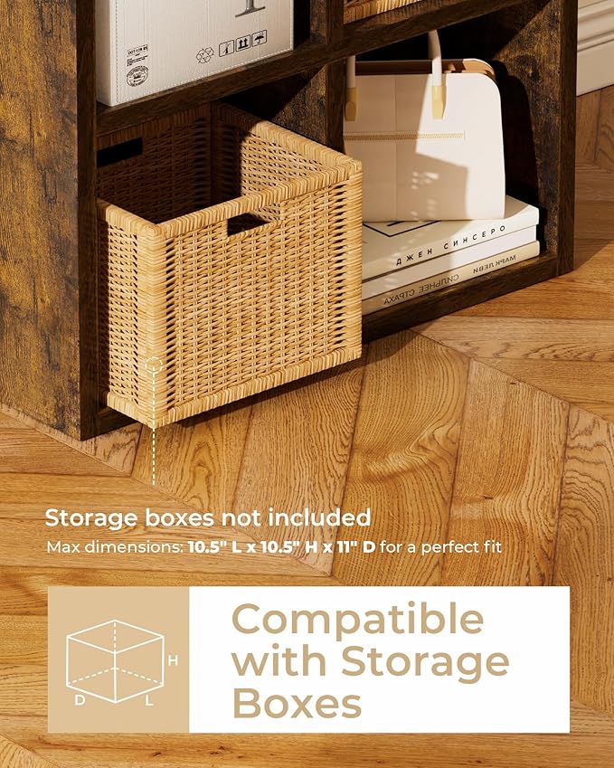 GTPLAYER 6-Cube Storage Organizer, Fits 11" Bins, Vertical or Horizontal Use, Opening Bookshelf, Partial Back Panels, Stackable Design Bookcase, for Closet, Bedroom, Home Office, Rustic Brown
