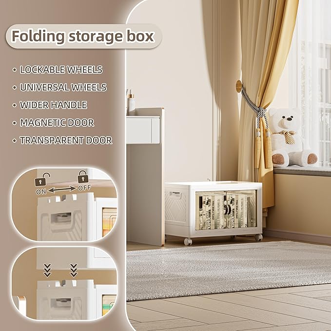 48 QT / 12 Gal Rolling Foldable Storage Cabinet with Stackable Feature - Double Magnetic Doors, Leather Handles, Durable Plastic for Closet/Office, Easy Assembly & Move