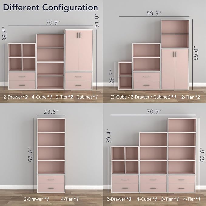 Homes: Inside + Out Apexa 3-Cube Storage Organizer Shelves, Stackable Wood Bookcase Fits Cubby Bins for Organization, Dorm Teen Room Decor & Home Office, Light Pink