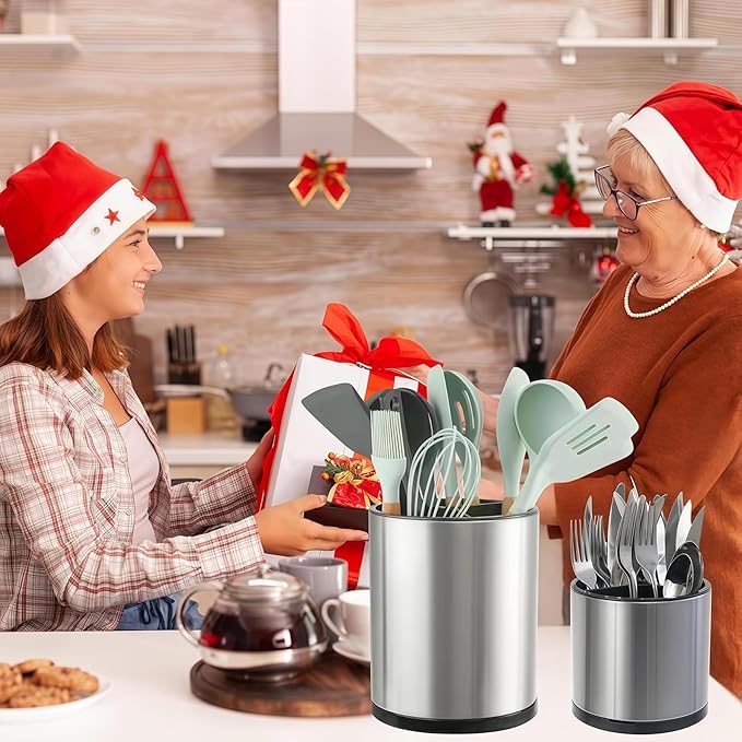 LIBODOUR Kitchen Utensil Holder Extra Large Rotating For Counter Organizer Stainless Steel Storage Cooking Silverware Caddy 3 Compartment Flatware Spoon Spatula Tool Cutlery Container（2 Set Silvery）