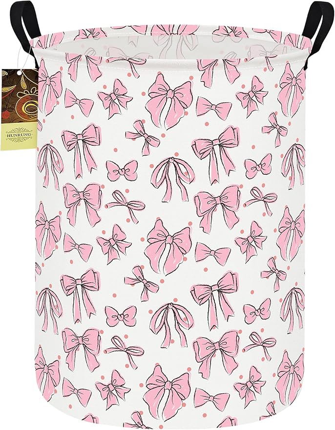 HUNRUNG Collapsible Fabric Storage Basket, Waterproof Laundry Hamper with Handles, Round Storage Bin for Clothes Toys, Foldable Organizer for Bedroom Nursery Bathroom(Round-Pink Bow)