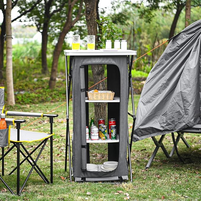 Giantex Folding Camping Storage Cabinet with 3 Shelves and Carry Bag, Portable Outdoor Organizer Kitchen Table, Quick Set-up for BBQ, Picnic, Backyard, Compact Pop-Up Cupboard, 47''H