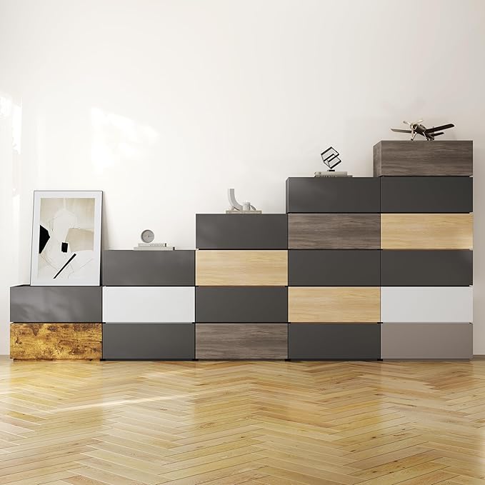 Svimi Modular Stackable Drawers, Modern Nightstand Modular Storage Bins - Storage Cabinet, Bedside Table, Sofa End Table for Living Room Hallway Entryway Oak Small Set 1