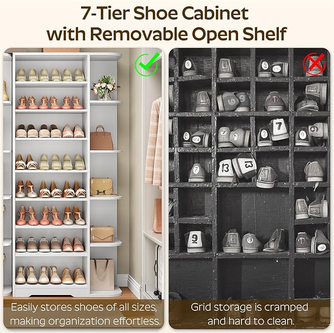 YATINEY Tall Shoe Rack, Multifunctional Shoe Cabinet with Open Storage, Entryway Shoe Organizer for Closet, 9-Tier Wooden Shoe Storage Closet with Adjustable Shelves, White SC22WT