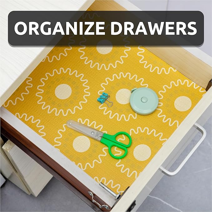 18X96 Inch Shelf Liner for Kitchen Cabinets, PVC Drawer Liner for Dresser Non-Slip Bathroom, Non-Adhesive Cabinet Liner Washable (Yellow Circle)(5 Roll)