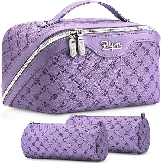 BOYATU Travel Makeup Bag Cosmetic Bags for Women: 3 Pcs Set Large Capacity Make up Bag with Handle - Vegan Leather Toiletry Bags with Compartments - Makeup Organizer for Travel Essentials(A-9-Purple)