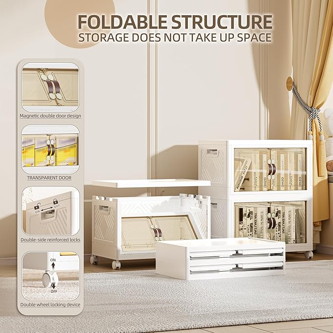 100 QT / 25 Gal Rolling Foldable Storage Cabinet with Stackable Feature - Double Magnetic Doors, Leather Handles, Durable Plastic for Closet/Office, Easy Assembly & Move