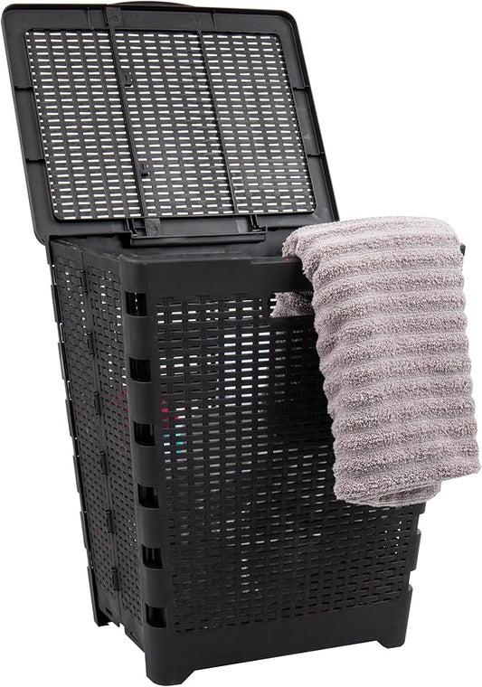 Mind Reader 61L Foldable Laundry Hamper, Clothes Basket, Lid, Wicker Design, Plastic, 18"L x 14.5"W x 21.25"H, Black
