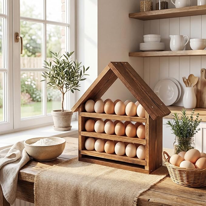Remerry Wooden Egg Holder Countertop 3 Tier House Shape Fresh Egg Storage 36 Hole Pull out Eggs Racks Basket for Home Craft Room Farmhouse Kitchen Counter Organizer(No Door)