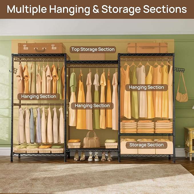 Golpart Heavy Duty Garment Rack Clothes Rack,Large Metal Closet Organizer System Storage Wardrobe,Freestanding Clothing Rack with 8 Adjustable Wire Shelves&4 Hang Rods,MaxLoad 800lbs