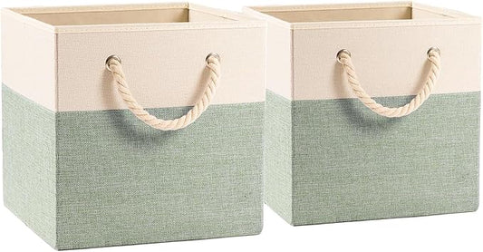PRANDOM Large Foldable Cube Storage Bins 11x11 inch [2-Pack] Fabric Linen Storage Baskets Cubes Drawer with Cotton Handles Organizer for Shelves Nursery Closet Bedroom Beige/Green