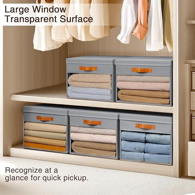 Homsorout Large Storage Bins with Lids - 3 Pack Foldable Decorative Organizers with Clear Windows & Handles, Cube Storage Organizers for Clothes, Blankets, Sweaters, Sheets, Grey