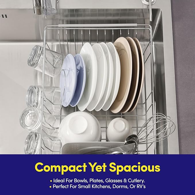 Dish Drying Rack Over The Sink Expandable to 24.5" Dish Drainer — Space-Saving Rectangular Kitchen Extending Drying Station with Utensil Holder, Fits Most Sinks for Easy Dish Organization, Silver