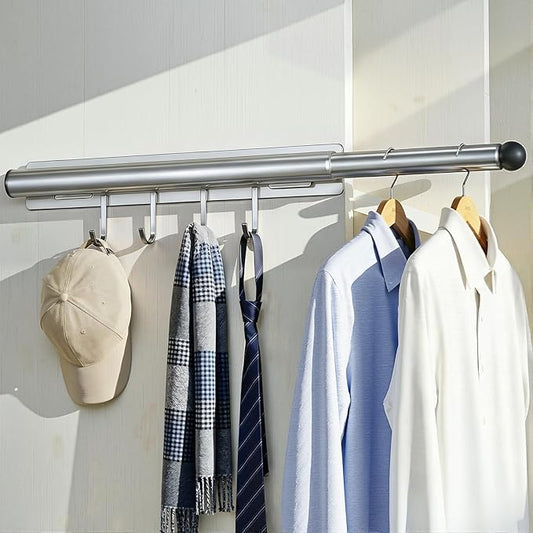 Lewondr Valet Rod for Closet Pull Out, 12" Adjustable Heavy Duty Extending Closet Rod, Valet Clothing Hanger Rods Extender for Wardrobe, Laundry Room, Bedroom, Bathroom, Silver, 1 Pack