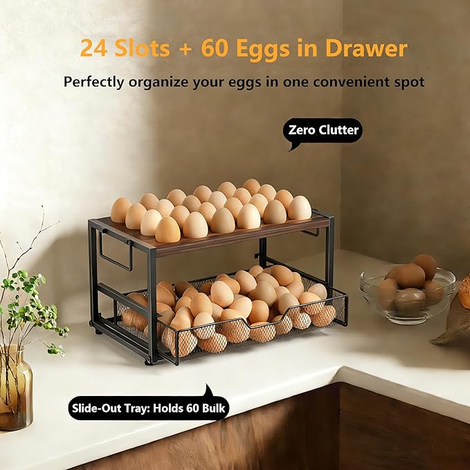 2-Tier Wooden Egg Holder Countertop with Basket – Holds 24+60 Chicken, Duck & Quail Eggs, Easter Eggs – Compact Countertop Holder with Carry Handle for Easy Transport