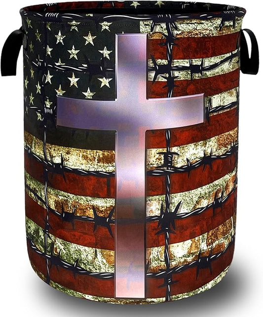 American Flag Cross Laundry Basket Foldable Christian Laundry Hamper With Handle Oxford Cloth Portable Clothes Storage Basket Laundry Bag 18.9"x16.5" For Laundry Room/Bedroom/Bathrooms