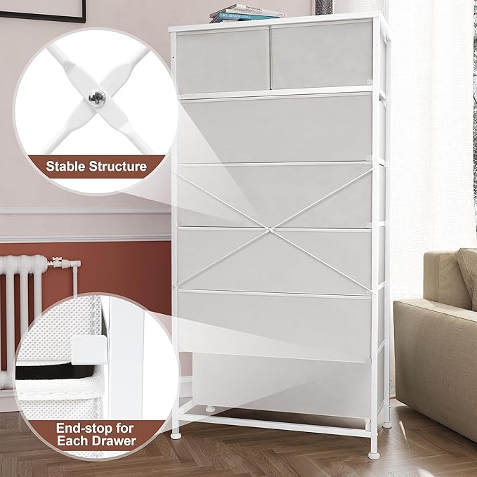 Crestlive Products Vertical Dresser Storage Tower - Sturdy Steel Frame, Wood Top, Easy Pull Fabric Bins, Handles - Organizer Unit for Bedroom, Hallway, Entryway, Closets - 7 Drawers (White)
