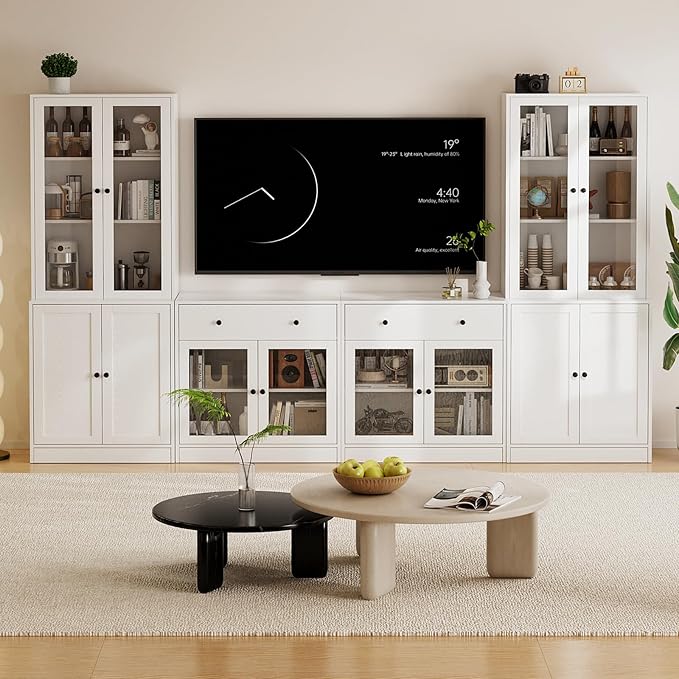 TUSY 71" TV Stand Storage Set - 2 Tall Bookcases & 2 Side Cabinets, Media Console with Glass & Wood Doors, Entertainment Center with Drawers, Tall Media Console for Living Room (White, AFFA)