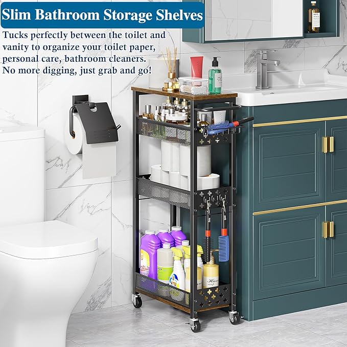 OKZEST Rolling Slim Storage Cart, 4-Tier Narrow Bathroom Organizers and Storage Cart, Metal Narrow Kitchen Laundry Room Organization Shelf with Wood Top, Slim Utility Cart with Wheels for Small Space
