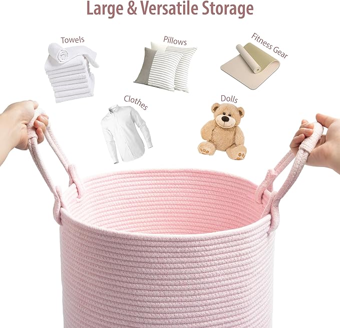 Laundry Basket – Laundry Hamper for Clothes, Blankets, Yoga Mat – Woven Cotton Rope Basket for Living Room, Nursery Room – Boho Style – 16”D x 22”H – Light Pink