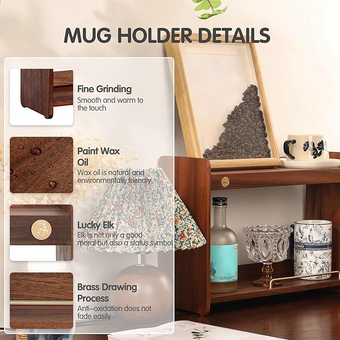 Coffee Mug Holder Wooden Cup Rack Mug Display Shelf Coffee Cup Holder for Countertop with 2 Tier Wood Coffee Mugs Holder for Kitchen Coffee Cup Storage