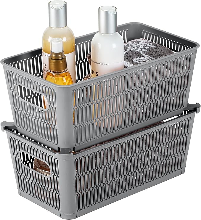 Simplify 2Pk Small Slide 2 Stack It Tote Basket | Storage & Organization | Open Bins with Stackable Capability | Bathroom | Crafts | Pantry | Playroom | Office | Grey