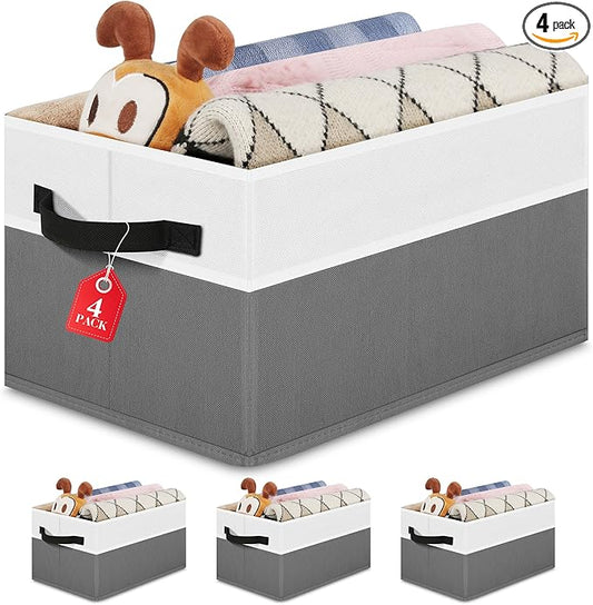 Large Shelf Storage Bins [4 Pack],Decorative Collapsible Storage Basket,Fabric Closet Organizer and Home Storage Cubes with Handles for Organizing Books, Clothes, Toys, Nursery（Grey）
