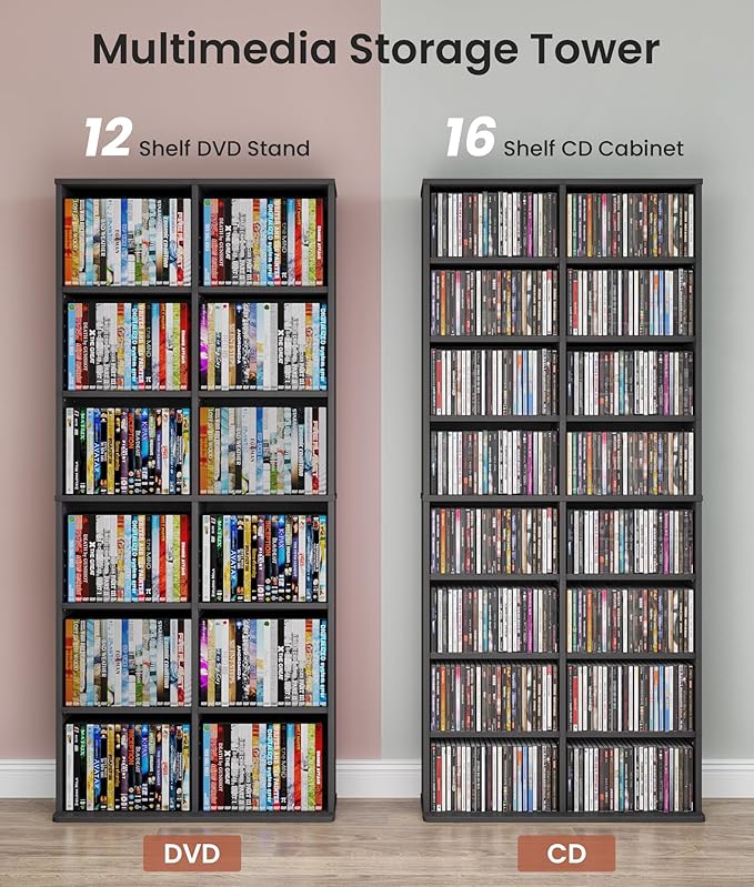 DVD Rack Tower, 16-Shelf DVD Storage Racks with Adjustable Shelves 8-Tier Multimedia Storage Tower for Living Room Home Office