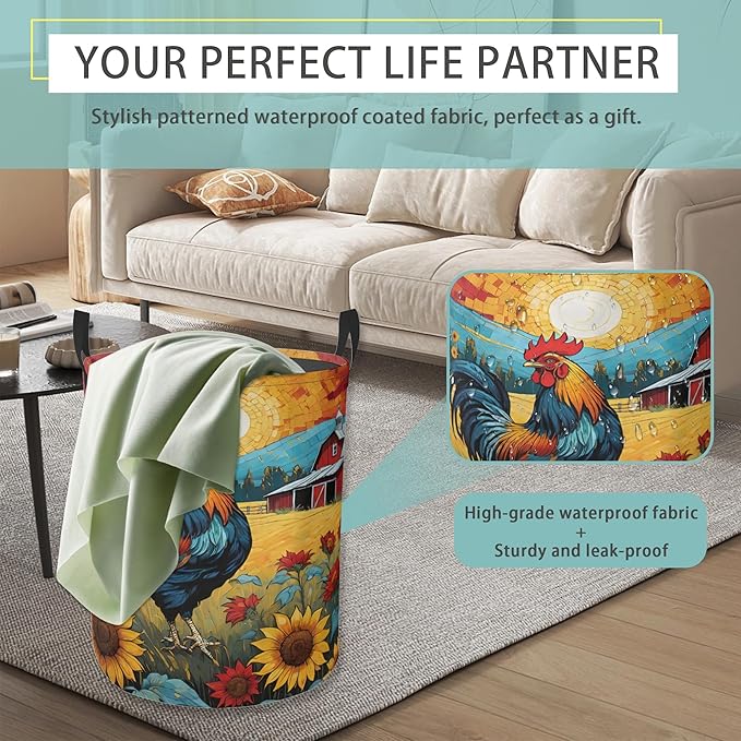Laundry Basket With Handle, Dirty Clothes Laundry Hamper, Oxford Cloth Bin Storage Organizer for Toy Collection (Vintage Rooster)
