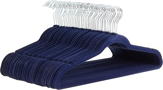 Amazon Basics Slim Velvet Non-Slip Space Saving Suit Clothes Hangers for Closet Organization, Navy Blue/Silver, 50-Pack