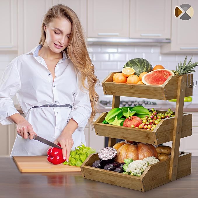 Hellojin 3 Tier Fruit Basket For Counter, Large Capacity Fruit Storage Countertop, Fruit Holder, Wooden Pantry Organizers and Storage, Kitchen Countertop Organizer With 2 Banana Hangers (Walnut)