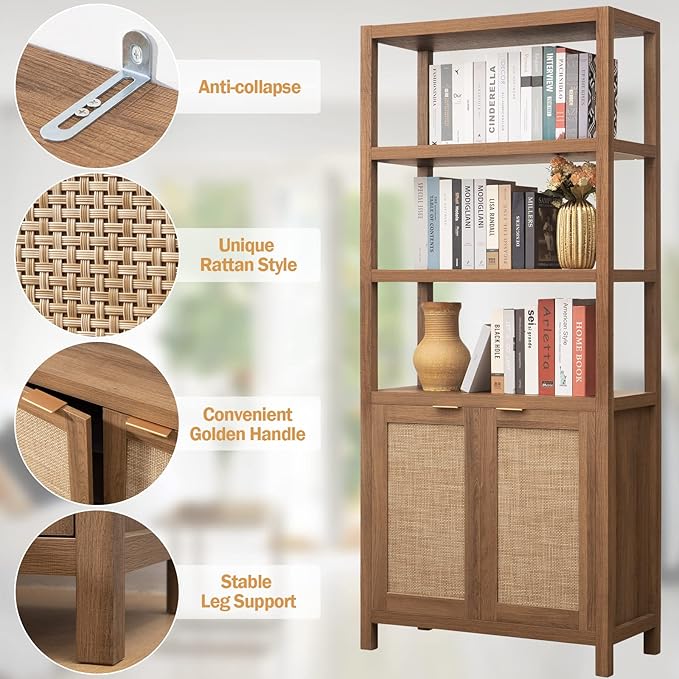 SICOTAS Bookshelf 5 Tier Book Shelf Rattan Boho 71" Tall Bookcase with Doors Storage Shelves Large Bookshelves Farmhouse Bookcases Library Book Case for Living Room Bedroom Home Office Kitchen