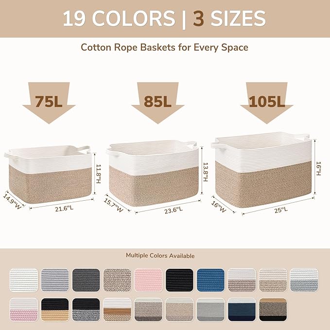 Goodpick 105L Extra Large Blanket Basket 25" x 16" x 16" Cotton Rope Storage Bins for Dirty Clothes, Rectangle Woven Baskets for Living Room Home Decor, Toy Baskets Storage Kids, White