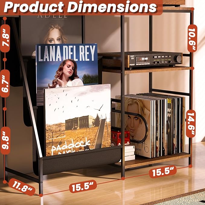 Record Player Stand With Vinyl Storage, 3-Tier Turntable Record Stand Holder, Vinyl Records Storage Shelf Holds Up to 300 Albums, Modern Vintage Black Record Player Table for Living Room