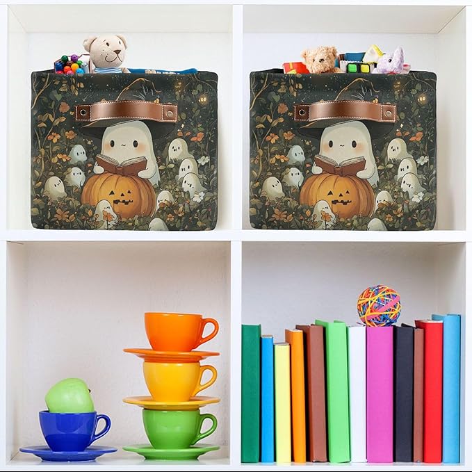 xigua Cute Ghost Wearing Witch Hat Storage Basket Foldable Storage Bin, Canvas Rectangular Storage Basket with Leather Handles for Home Closet & Office Decoration