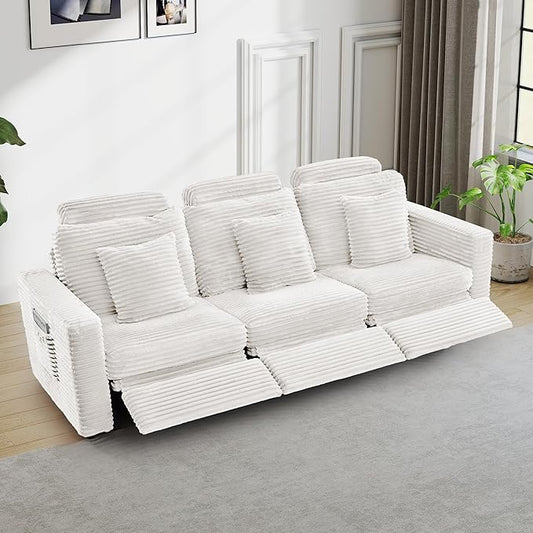 LEVNARY 3-Seater Modular Reclining Sofa, Faux Rabbit Fur Power Recliner Couch with 3 Electric Seats, 3 Pillows & Side Pockets, Adjustable Back & Footrest, Living Room Furniture (White)