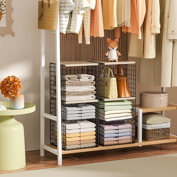 2 Pack Closet Organizer System, Extra Tall & Large Capacity Closet Shelves with Adjustable Dividers, 3-Tier Stackable Storage Bins with Wood Top (Up to 6 Tiers), for Clothes Wardrobe Organization