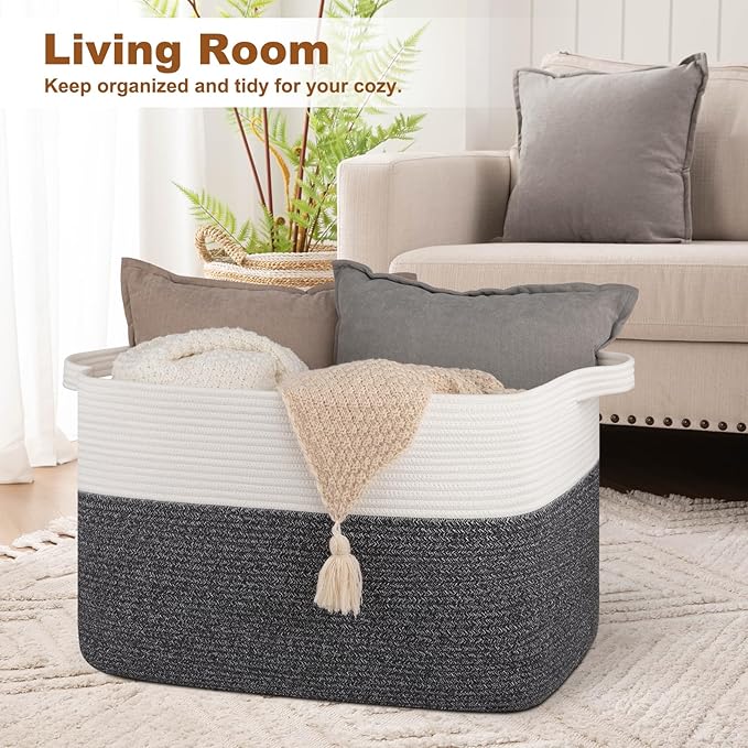 OIASKET XXXL Supre Large Blanket Basket for Clothes, Towels, Pillows, 108L Cotton Rope Storage Basket for Living Room, Supre Large Woven Toy Storage for Kids, 25" x 16" x 16", Dark Grey and White