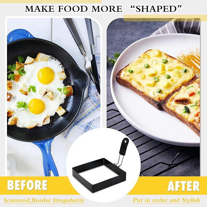 2-Pack 4'' Square Egg Rings Set with Silicone Handle, Stainless Steel Egg Cooking Rings，Nonstick，For Frying Eggs and English Muffins Pancake, Egg Mold Shaper For Breakfast